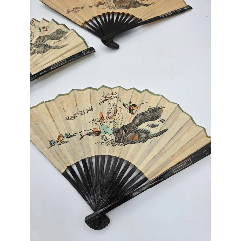 3 Lot Matching VTG Chinese Folding‎ Hand Fans Handmade Painted Rice/Bamboo Paper - Picture 2 of 16